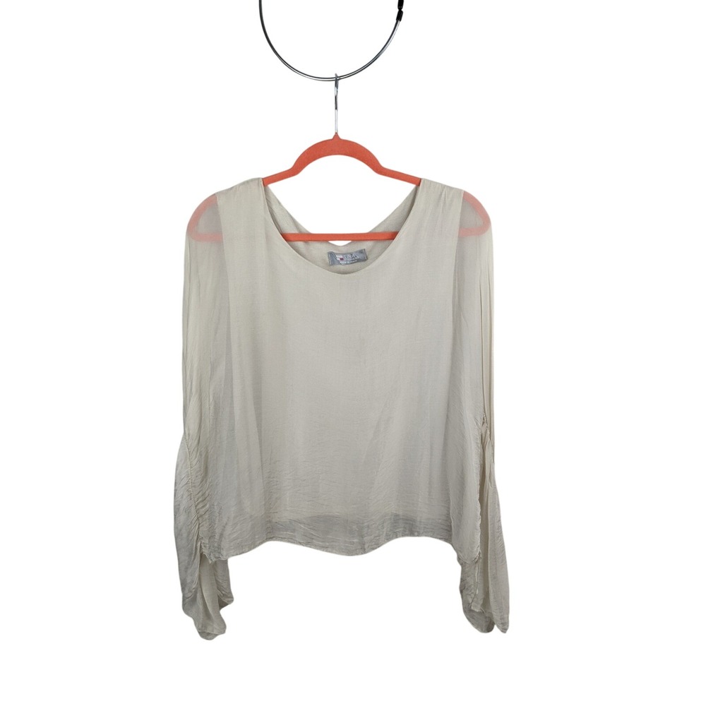 Tina Stephens Italy Silk Blend Layered Blouse Cream Sheer Chiffon Sleeve Top OS